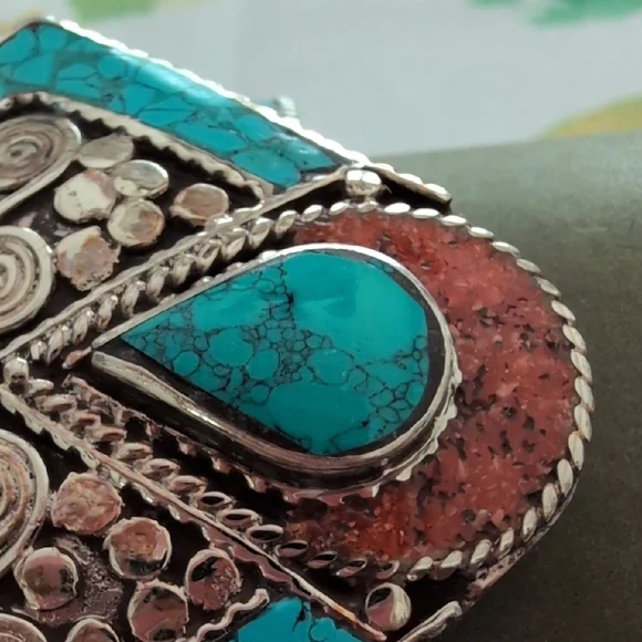 Turquoise and Coral Stone Tibetan Silver Bracelet - Picture 4 of 11